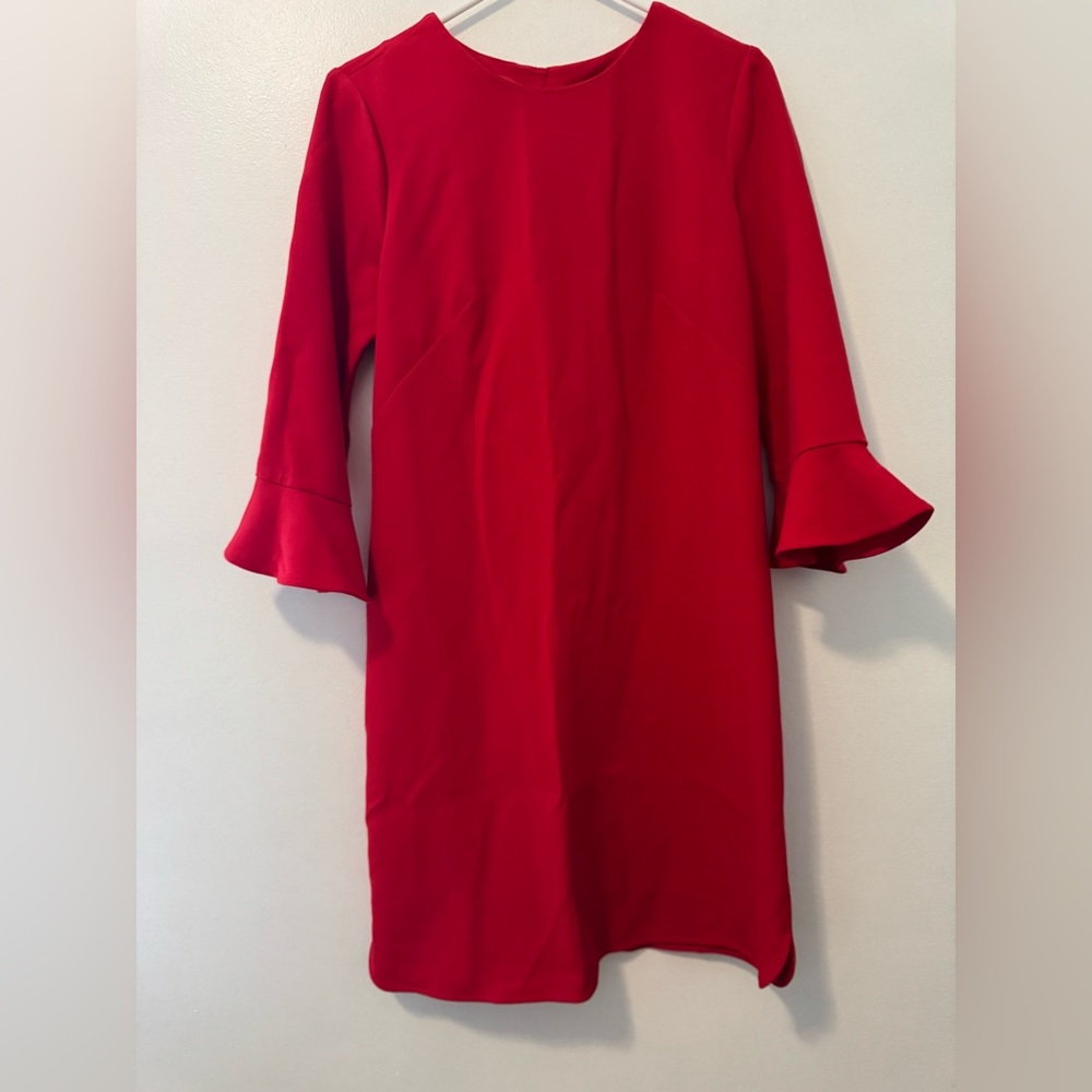 Ann Taylor Red Ruffled Sheath Dress with Bell Sleeves